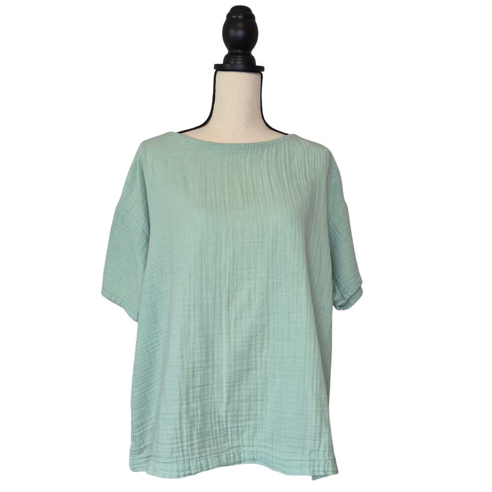 Eileen Fisher Calypso Green Organic Cotton Lofty Gauze Bateau Neck Boxy Top Sz L